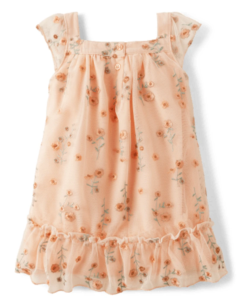 Girls Embroidered Floral Mesh Ruffle Dress - All Dressed Up