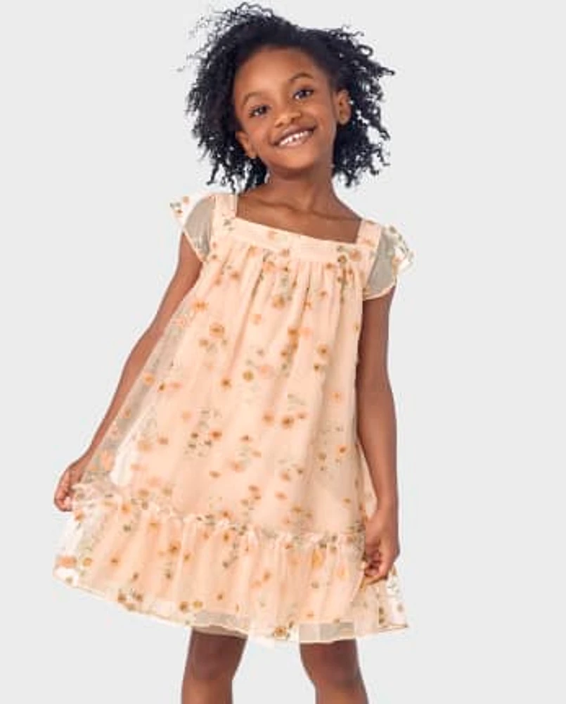 Girls Embroidered Floral Mesh Ruffle Dress - All Dressed Up