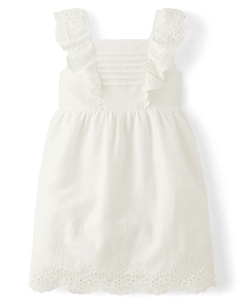 Girls Mommy And Me Eyelet Linen-Blend Flutter Dress