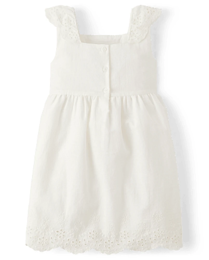 Girls Mommy And Me Eyelet Linen-Blend Flutter Dress