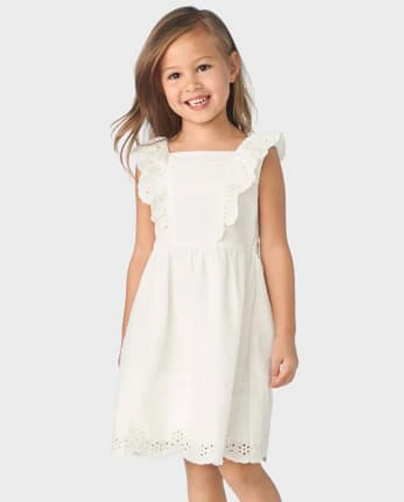 Girls Mommy And Me Eyelet Linen-Blend Flutter Dress