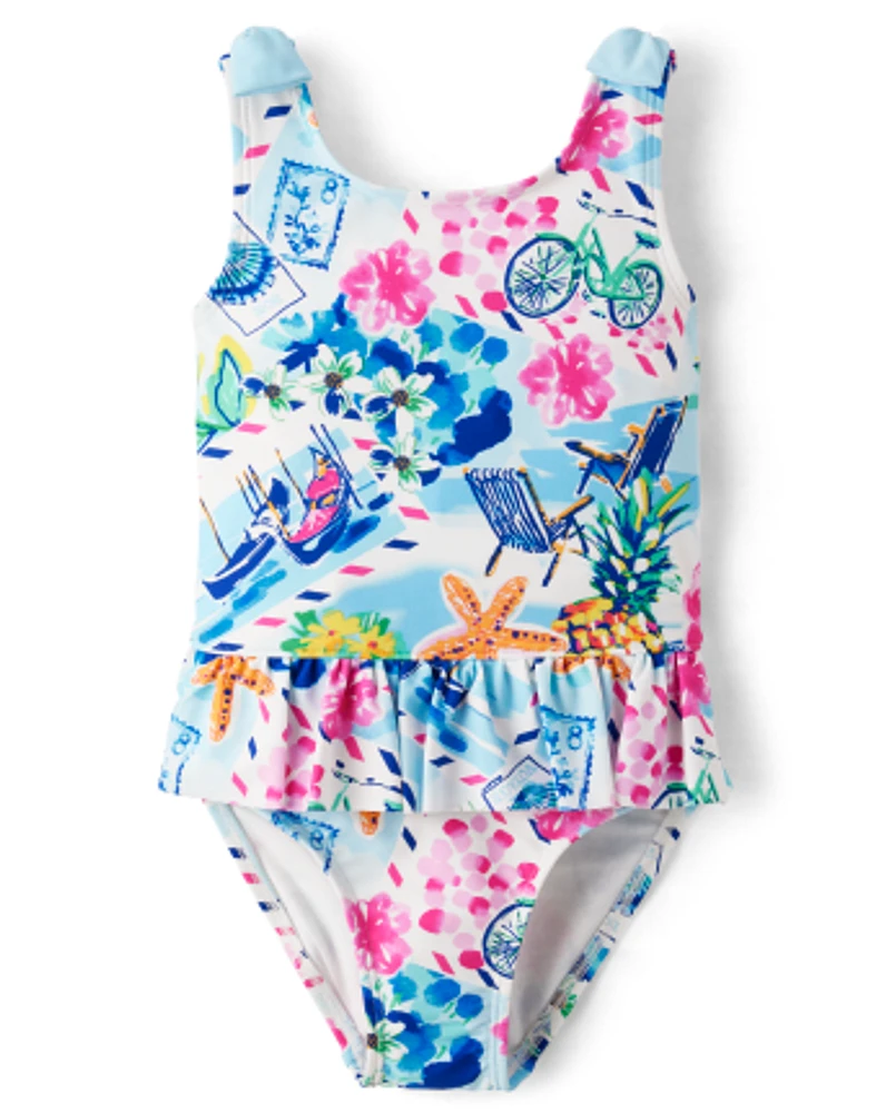 Girls Tropical Ruffle One Piece Swimsuit - Splish-Splash