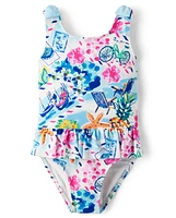 Girls Tropical Ruffle One Piece Swimsuit - Splish-Splash