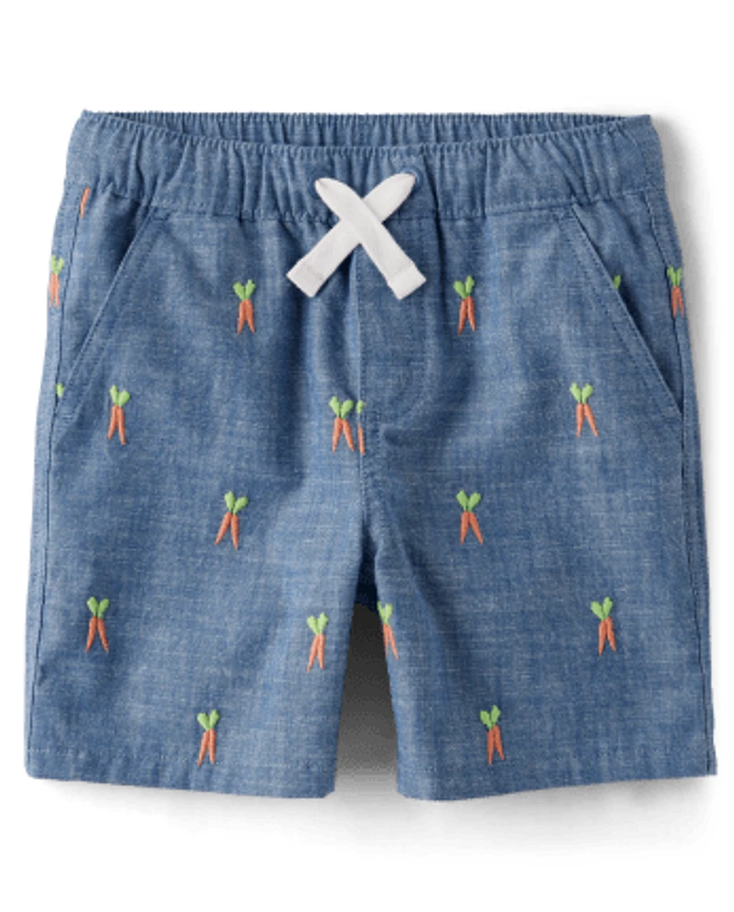 Boys Embroidered Carrot Chambray Pull On Shorts - Garden Party