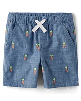 Boys Embroidered Carrot Chambray Pull On Shorts - Garden Party