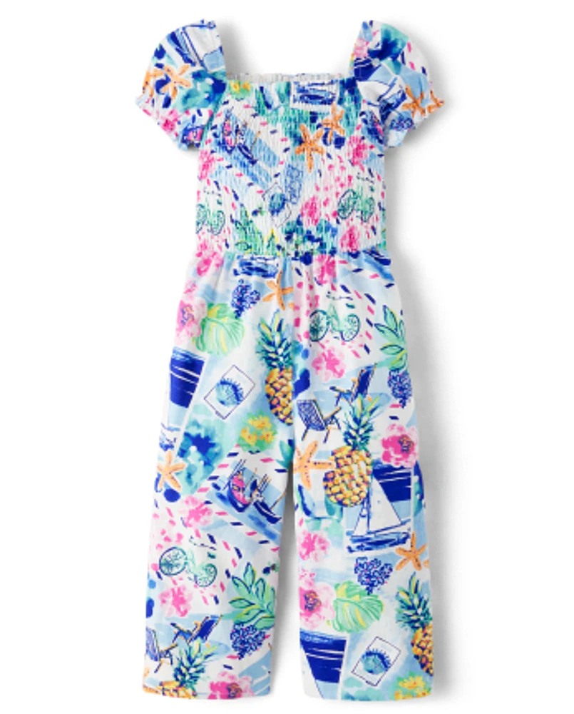 Girls Tropical Smocked Jumpsuit - Bon Voyage