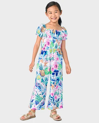 Girls Tropical Smocked Jumpsuit - Bon Voyage