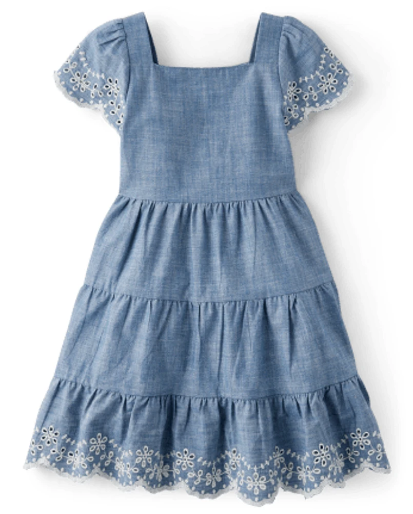 Girls Eyelet Chambray Tiered Dress - Prairie Fields