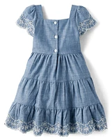 Girls Eyelet Chambray Tiered Dress - Prairie Fields