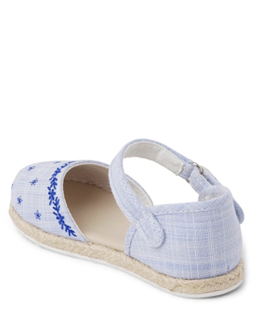 Girls Embroidered Chambray Espadrilles - Bon Voyage