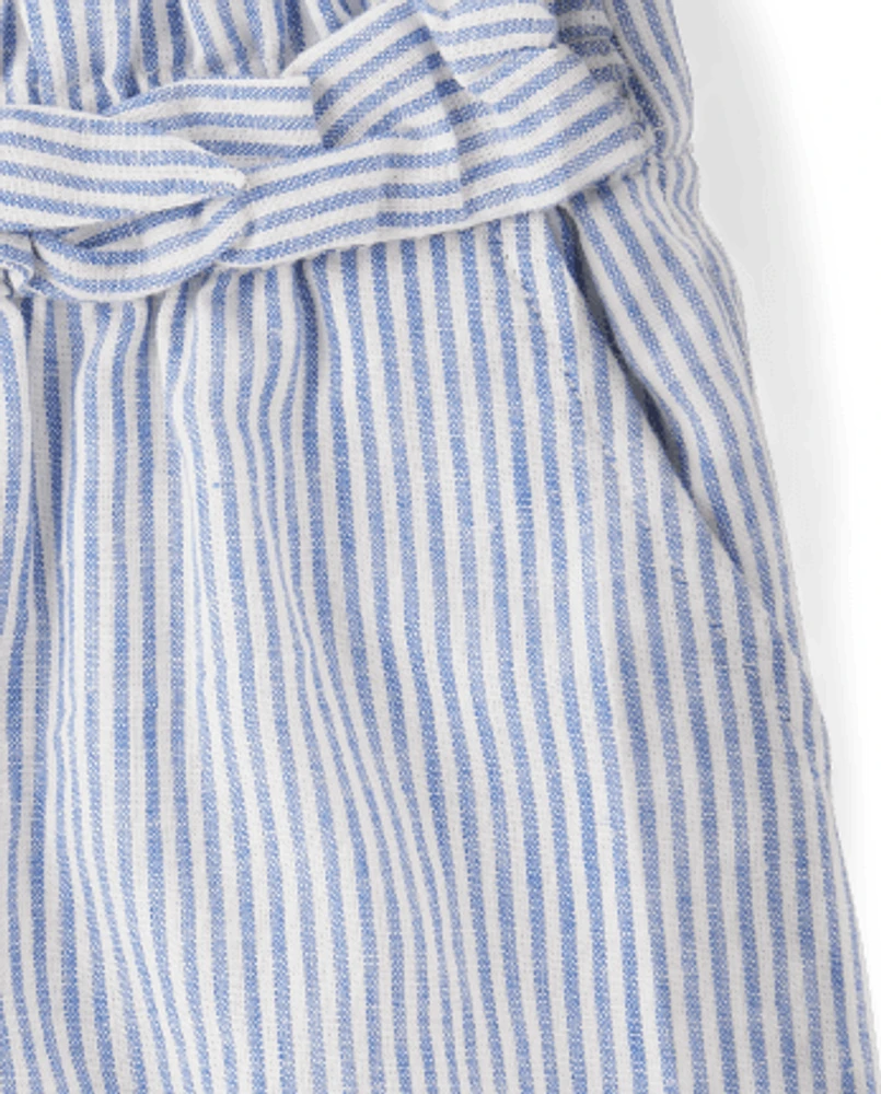 Girls Striped Linen-Blend Tie Front Shorts