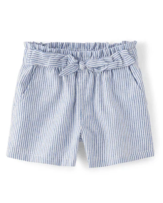 Girls Striped Linen-Blend Tie Front Shorts