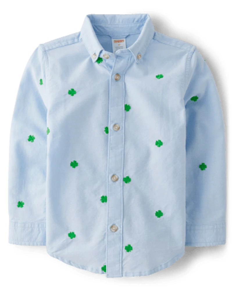 Boys Schiffli Shamrock Button Up Shirt - Little Leprechaun