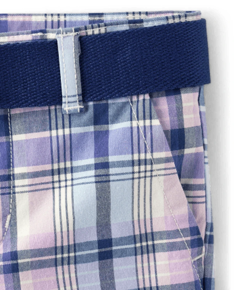 Boys Plaid Belted Chino Shorts - Lovely Lavender