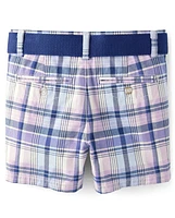 Boys Plaid Belted Chino Shorts - Lovely Lavender