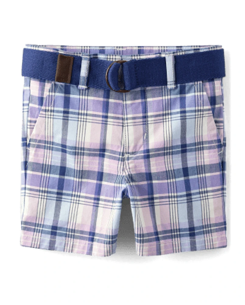 Boys Plaid Belted Chino Shorts - Lovely Lavender