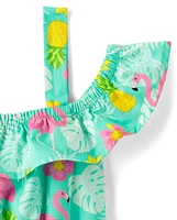 Girls Tropical Ruffle Dress - Seaside Palms