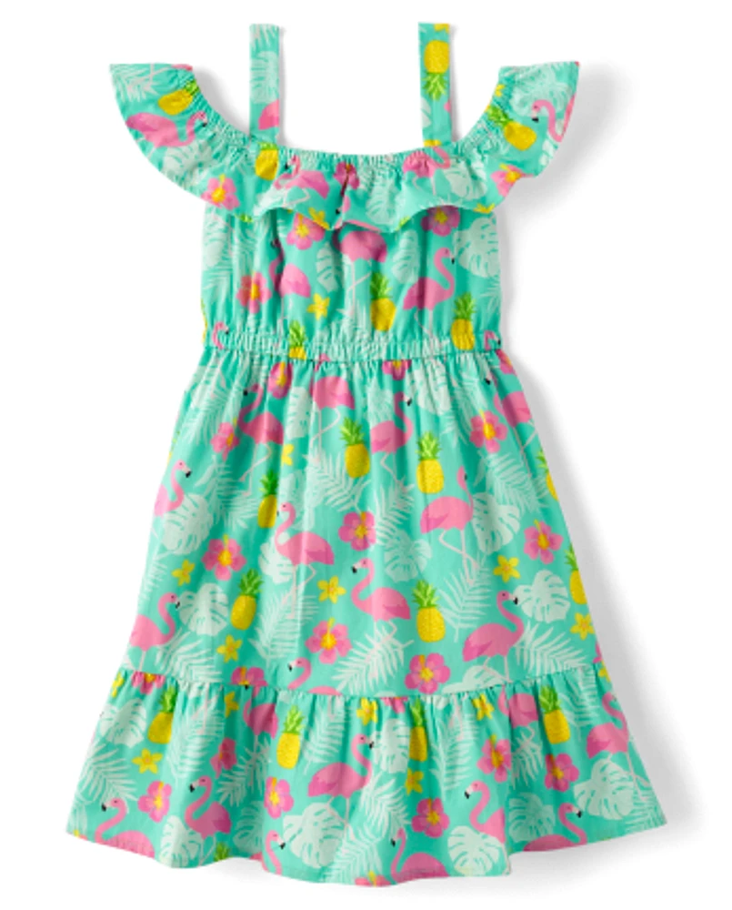 Girls Tropical Ruffle Dress - Seaside Palms