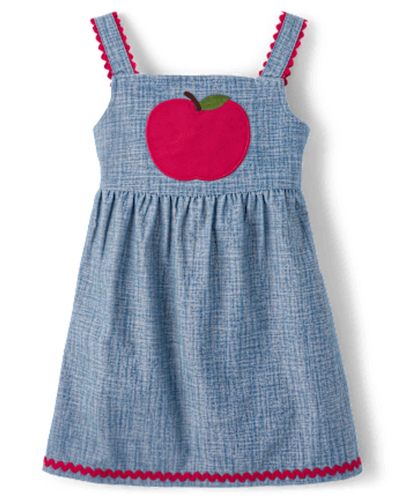 Girls Embroidered Apple Chambray Jumper - Classroom Cutie