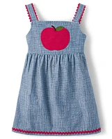 Girls Embroidered Apple Chambray Jumper - Classroom Cutie