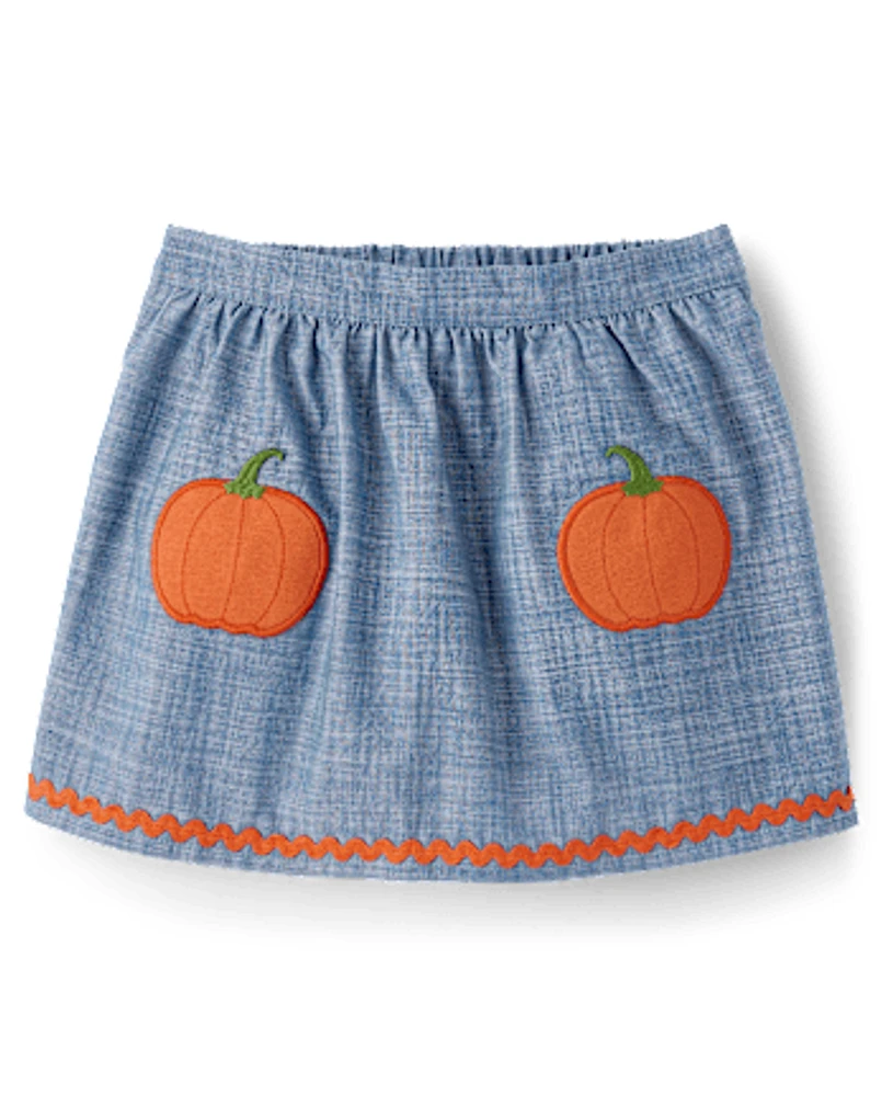 Girls Embroidered Pumpkin Chambray Skort - Autumn Adventures