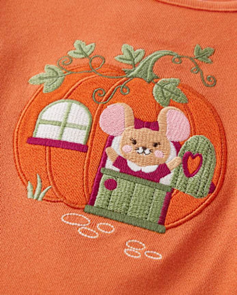 Girls Embroidered Mouse Pumpkin Top - Autumn Adventures