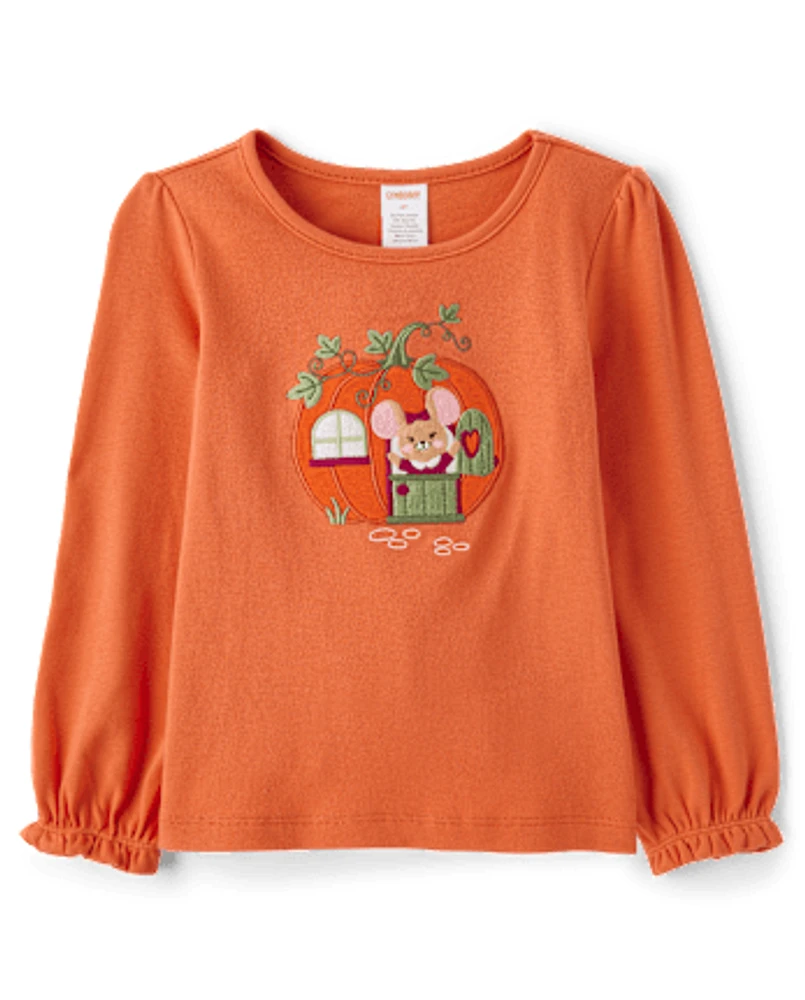 Girls Embroidered Mouse Pumpkin Top - Autumn Adventures