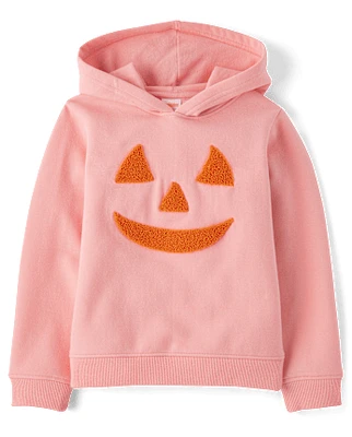 Girls Embroidered Pumpkin Fleece Hoodie - Halloween