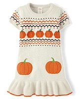 Girls Embroidered Pumpkin Peplum Sweater Dress - Autumn Adventures