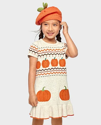 Girls Embroidered Pumpkin Peplum Sweater Dress - Autumn Adventures