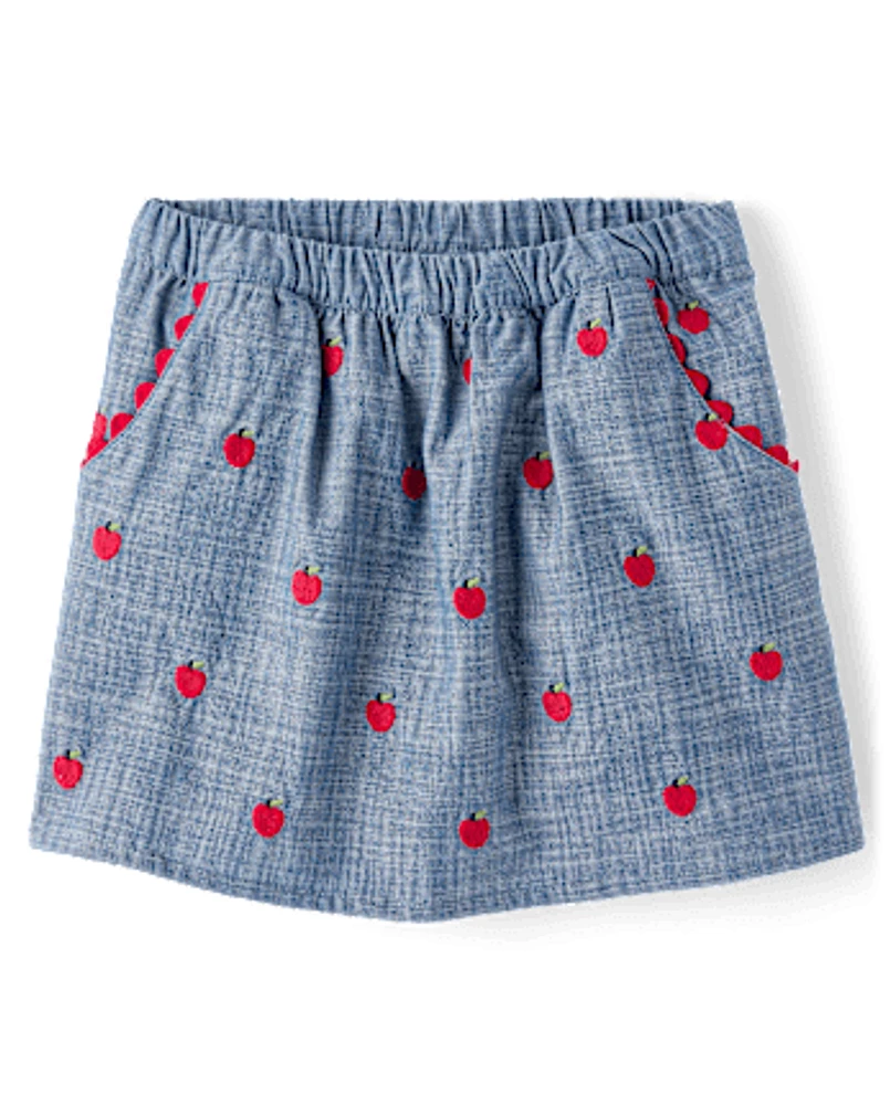 Jupe-short en chambray brodée aux pommes pour fille - Classroom Cutie