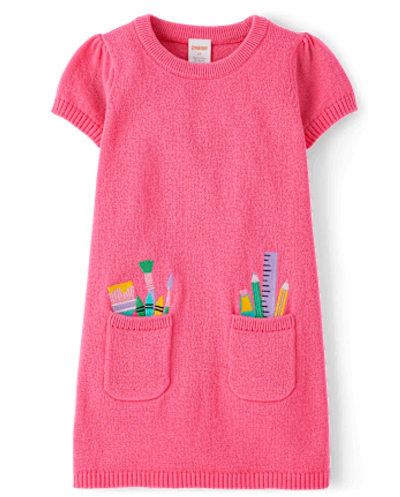 Girls Embroidered School Supplies Sweater Dress - Classroom Cutie