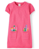 Girls Embroidered School Supplies Sweater Dress - Classroom Cutie