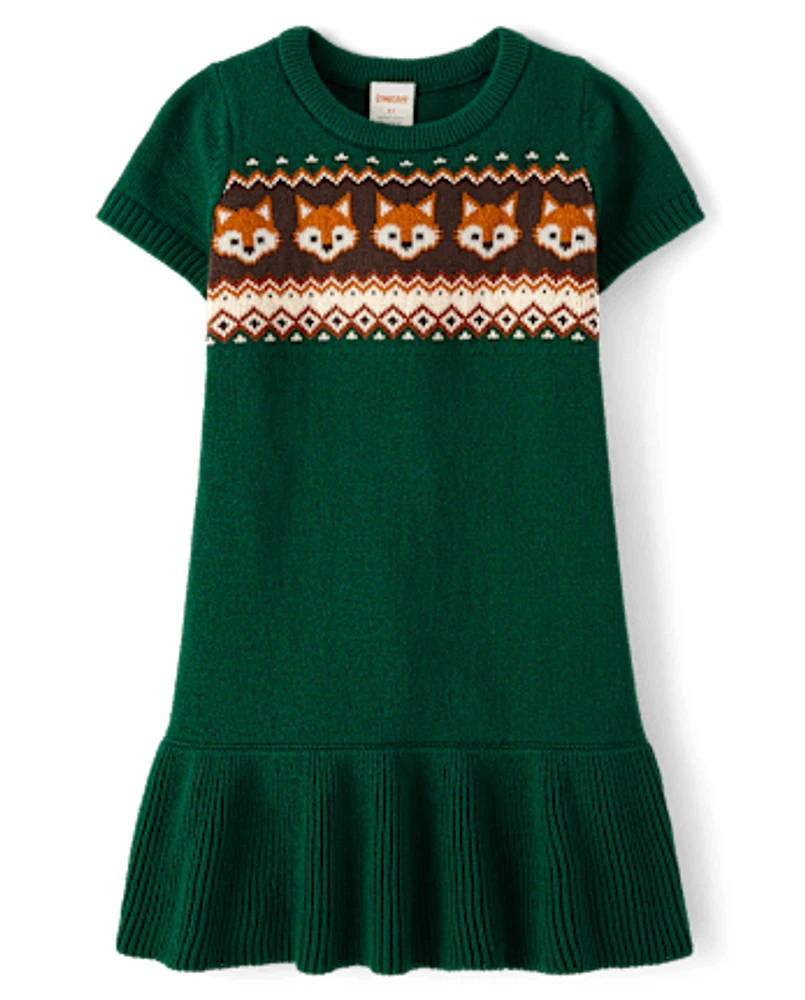 Girls Intarsia Fox Fairisle Sweater Dress - Autumn Adventures