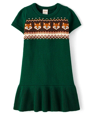 Girls Intarsia Fox Fairisle Sweater Dress - Autumn Adventures