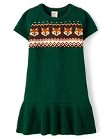 Girls Intarsia Fox Fairisle Sweater Dress - Autumn Adventures