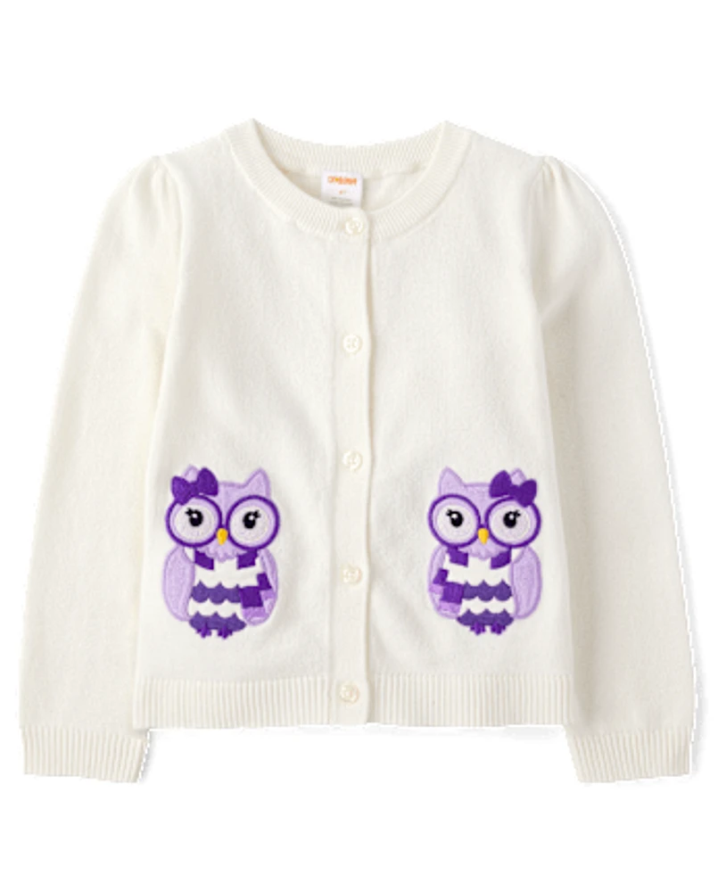 Girls Embroidered Owl Cardigan - Classroom Cutie