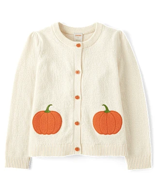 Girls Embroidered Pumpkin Cardigan - Autumn Adventures