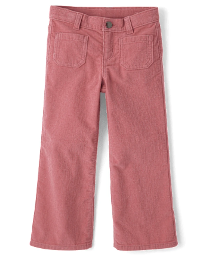 Girls Patch Pocket Stretch Corduroy Wide Leg Pants - Little Essentials