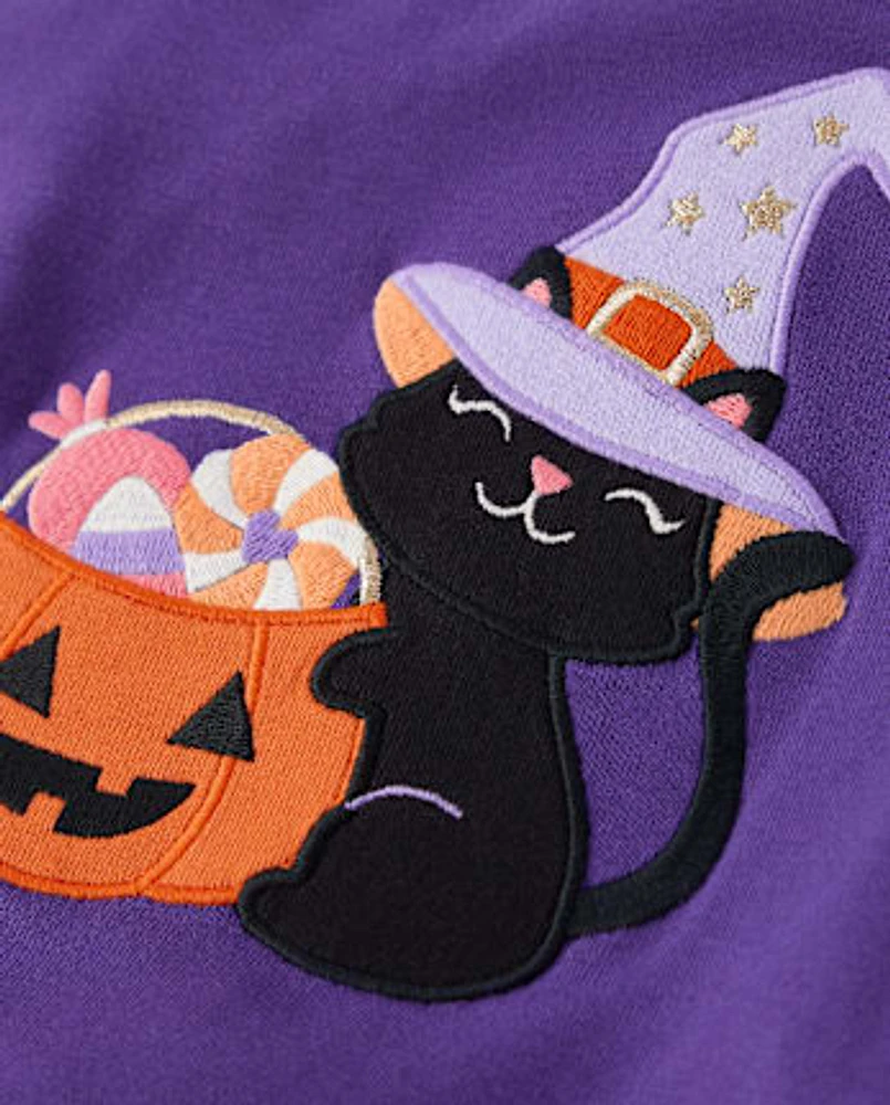 Girls Embroidered Cat Pumpkin Top - Halloween