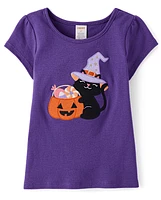 Girls Embroidered Cat Pumpkin Top - Halloween