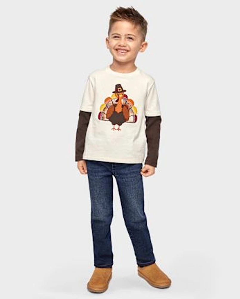 Boys Embroidered Turkey Layered Top - Autumn Adventures