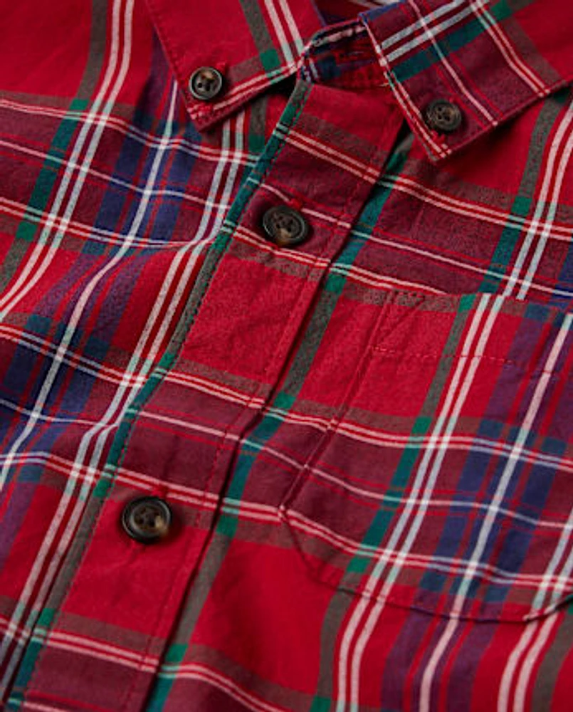 Boys Matching Family Plaid Poplin Button Up Shirt - All Dressed