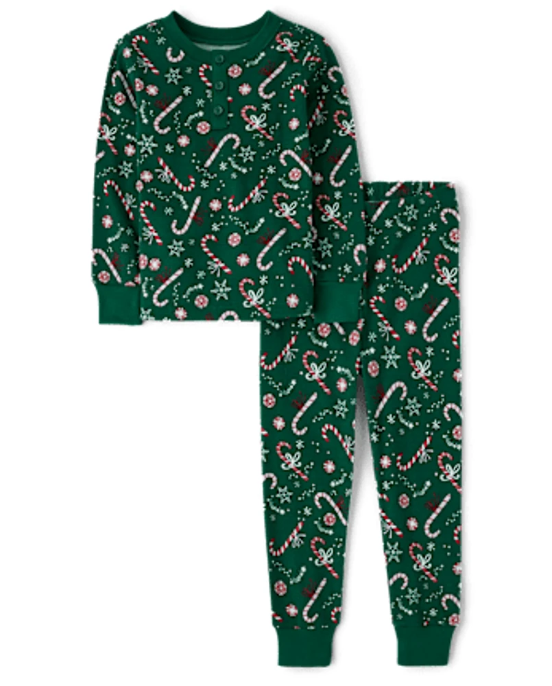 Kids Candy Cane Henley Snug Fit Cotton Pajamas