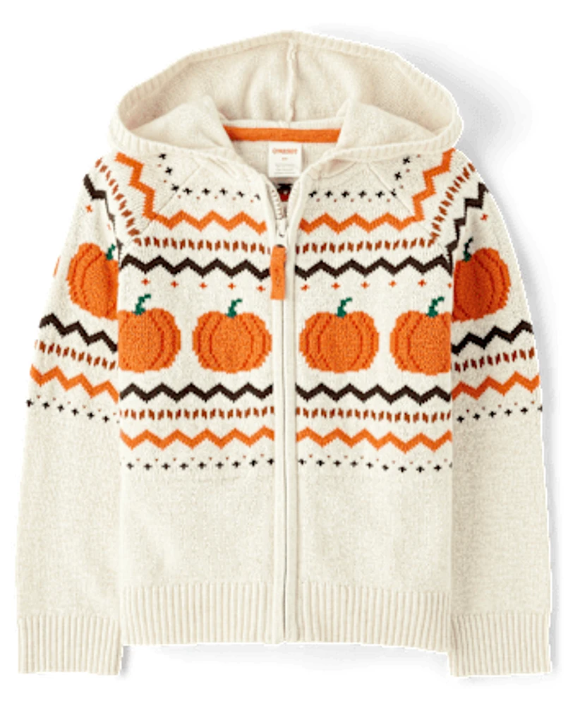 Cardigans unisexes en jacquard intarsia citrouille pour enfants - Aventures d'automne