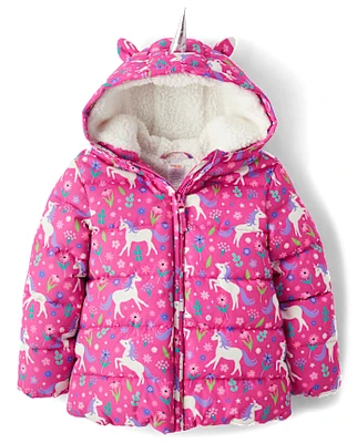 Girls Unicorn Puffer Jacket - Dino Friends