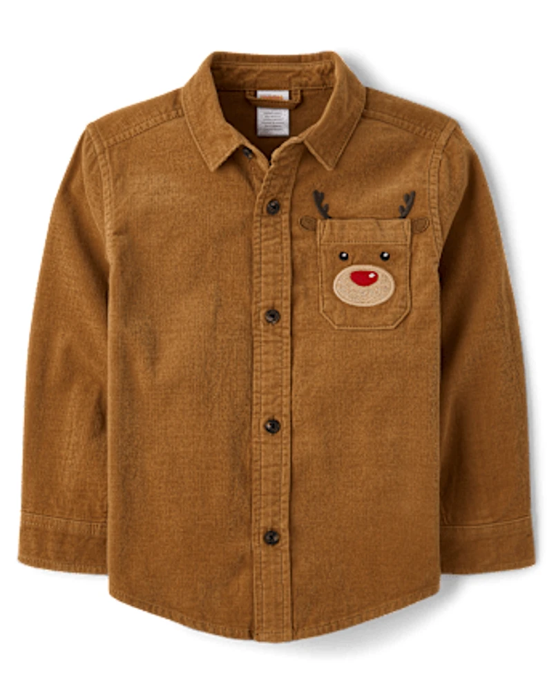 Boys Reindeer Corduroy Button Up Shirt - Holiday Express