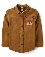 Boys Reindeer Corduroy Button Up Shirt - Holiday Express