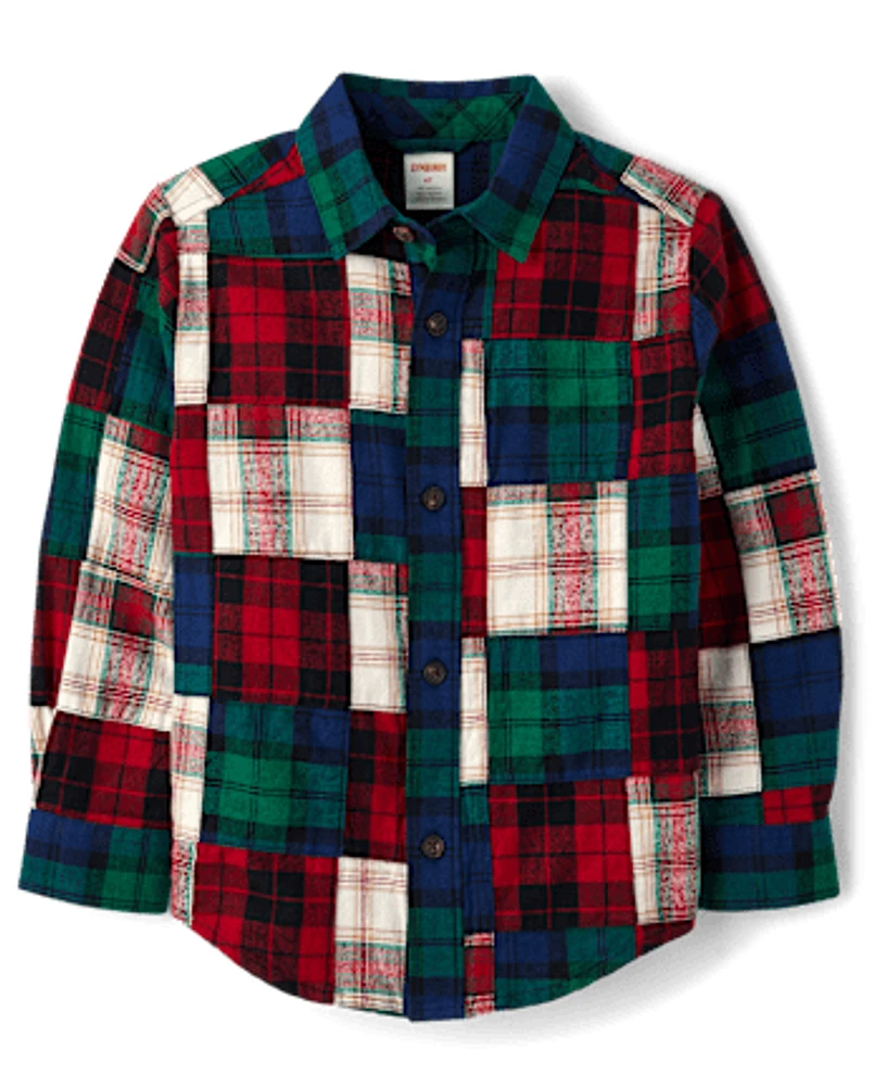 Boys Plaid Madras Flannel Button Up Shirt - Holiday Express