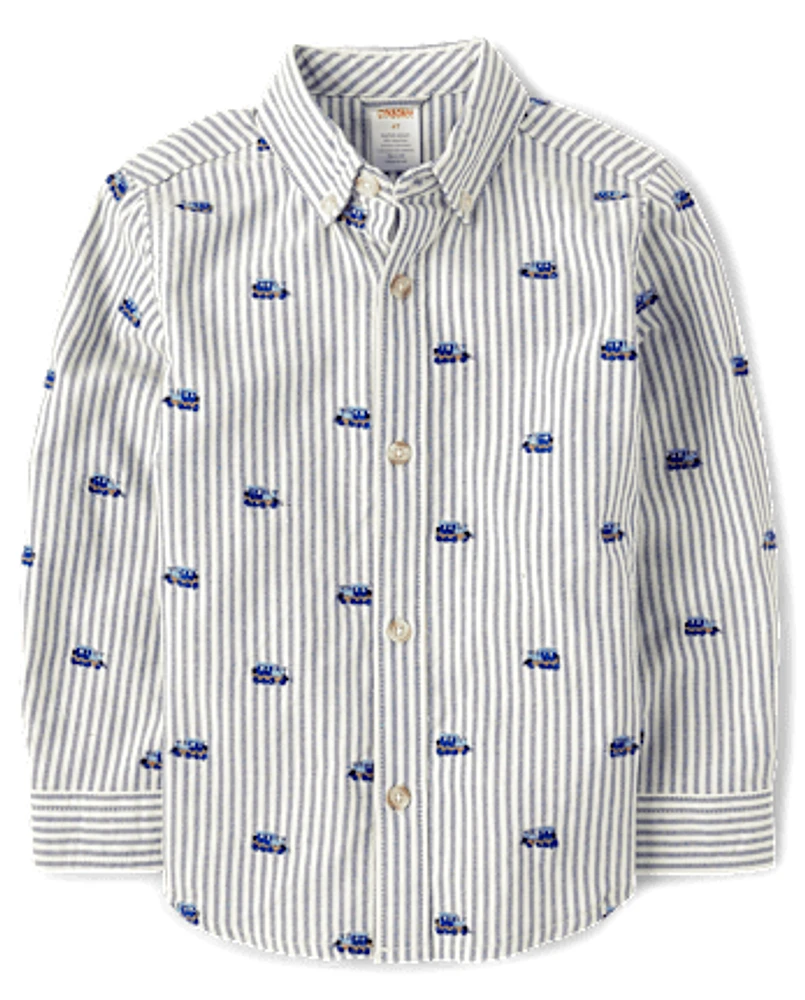 Boys Schiffli Train Oxford Button Up Shirt - Little Snowflake